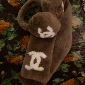 CHANEL Brown Faux Fur Earmuffs with White Accent